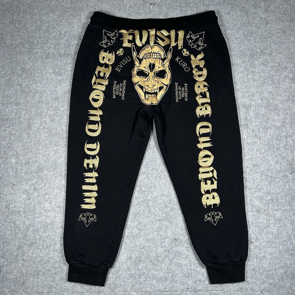Evisu Kuro Sweatpants Men's Size XL‎ Black y2k Gold Graphics Beyond Denim